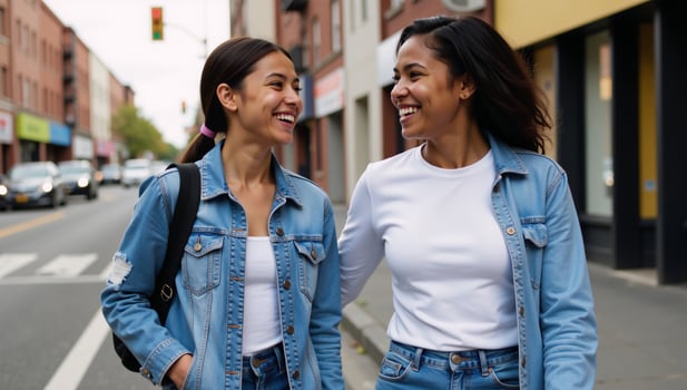 Two joyful stylish teens of diverse heritage laugh on city street upclose colorful portraits reveal their bright smiles photo