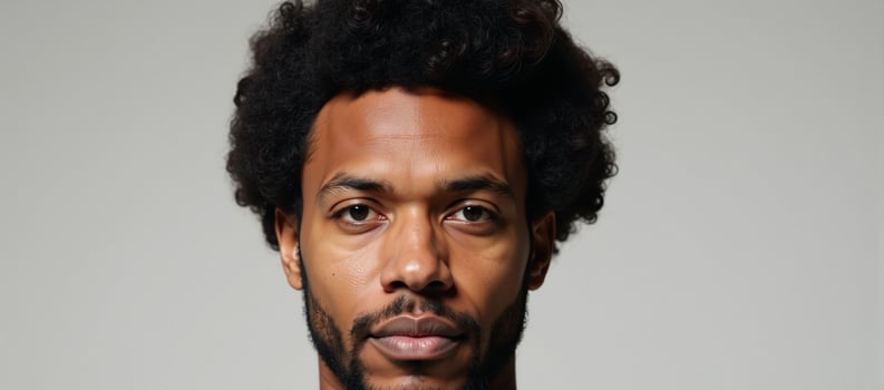 African American Man with Afro Hair stands alone against an empty backdrop photo