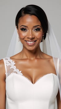 Black bride adorned in white wedding gown with veil and bridal makeup for ceremony photo