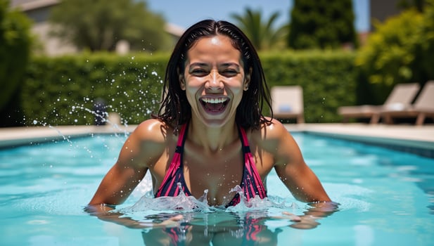 African American woman joyously swimming and splashing in a sunny pool during vacation photo