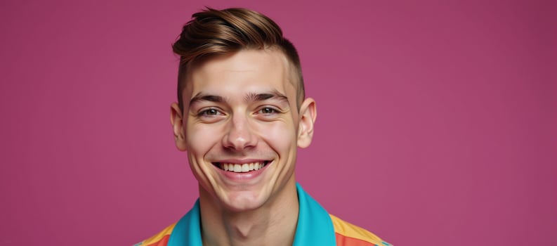 A bold minimalist retro image showcases a cheerful young gay man within a studio setting photo
