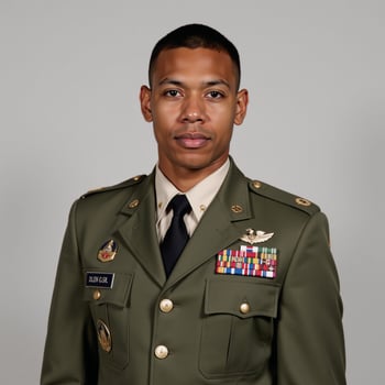 Young African American veteran gazes confidently at the camera in portrait style photograph photo