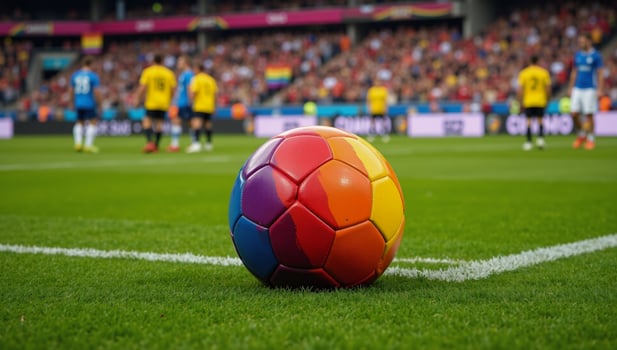 Overhead view of vibrant gay pride rainbowcolored soccer ball on a lush grassy sports field at an LGBT football event photo