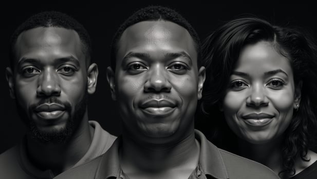 Portrait featuring three African American individuals in monochrome blackandwhite photo