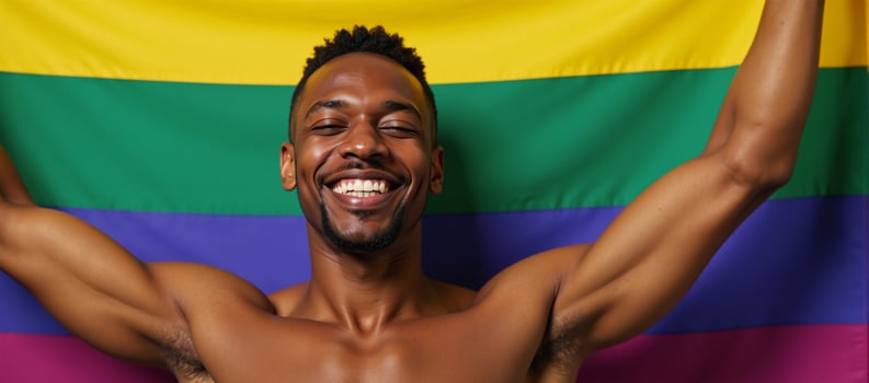Cheerful African American gay man stands shirtless and joyous before a vibrant LGBT flag with his eyes closed photo