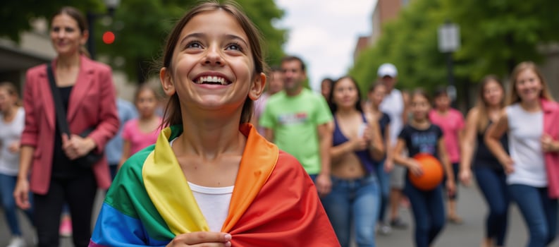A joyful young girl in pride flag adornment looks up during a gay pride parade celebration promoting inclusivity and diversity among children photo