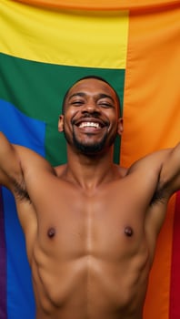 Cheerful African American gay man stands shirtless and joyous before a vibrant LGBT flag with his eyes closed photo
