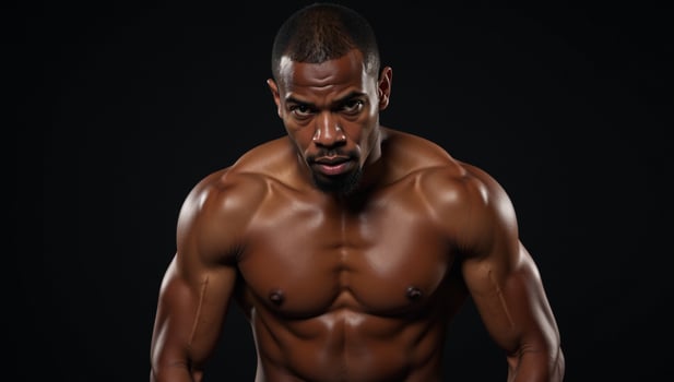 Muscular African American boxer with sweaty forehead leaning on left elbow and covering eyes with right hand photo