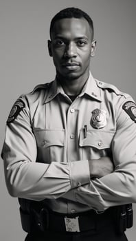 Image portrayal AfricanAmerican police officer depicted with crossed arms photo