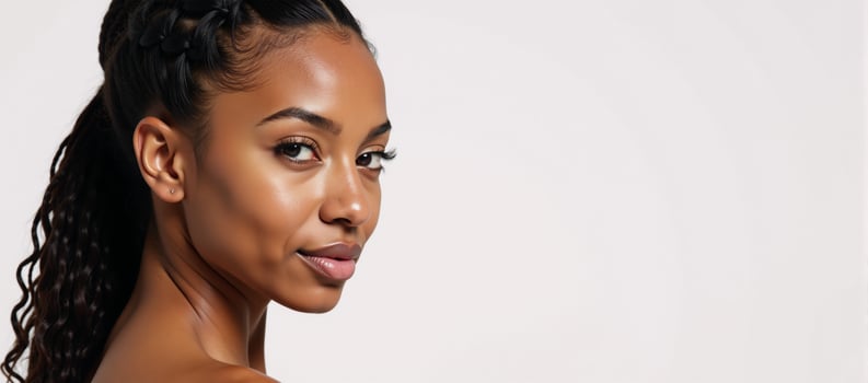 Portrait of an attractive Black African American woman in a 34 side view featuring a highdefinition image of her sharp jawline and perfect facial features against a white backdrop with curly long photo