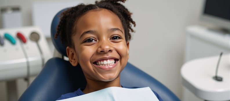 A joyful African American child is depicted during her dental visit for cleaning and examination featuring a radiant posttreatment smile with bright gleaming teeth photo