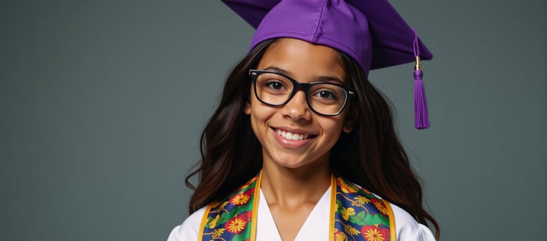 Cartoon illustration of an AfricanAmerican girl with long wavy hair wearing glasses purple graduation cap gown and African print sash photo