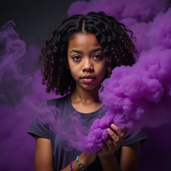 A purplehaired African American girl is captured amidst swirling purple smoke bombs in an art photograph photo
