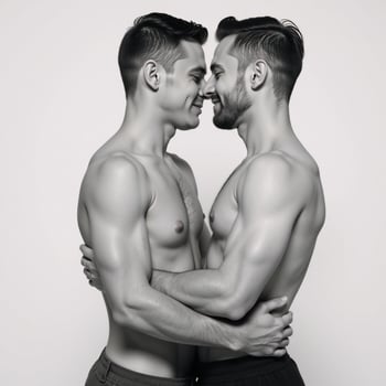 Rendering of an intimate gay couple with strong bond set against a clean background photo