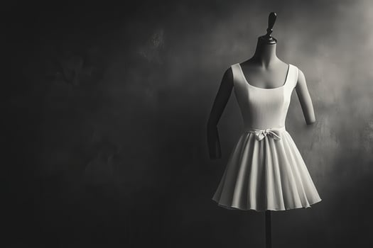 A sleek mannequin stands against a dark backdrop, showcasing a clean, minimalist white dress that highlights modern fashion aesthetics with elegant lines and a flared skirt. photo