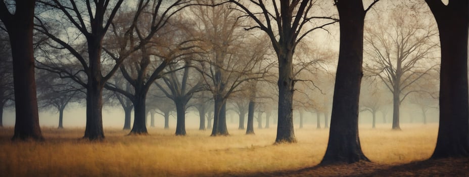 A foggy morning in a field with trees photo