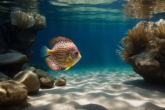 A fish swimming in the ocean with rocks and coral photo