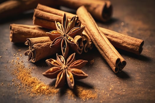 Aromatic cinnamon sticks and ground cinnamon, star anise, spice and others photo