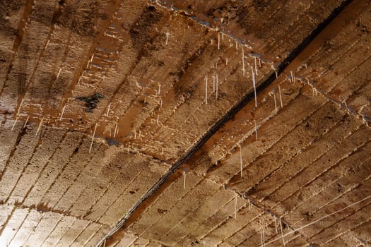 The stalactites are formed from dissolved minerals in water that drips from the roof of the mine shaft. Over time, the minerals build up and form the stalactites. photo