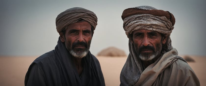Two men in traditional clothing standing in the desert photo