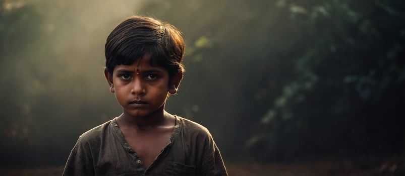 A young boy is standing in the middle of a forest photo