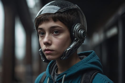 A young boy wearing a helmet and looking away photo
