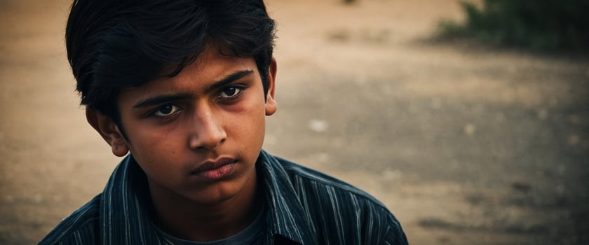 A young boy stares into the camera photo