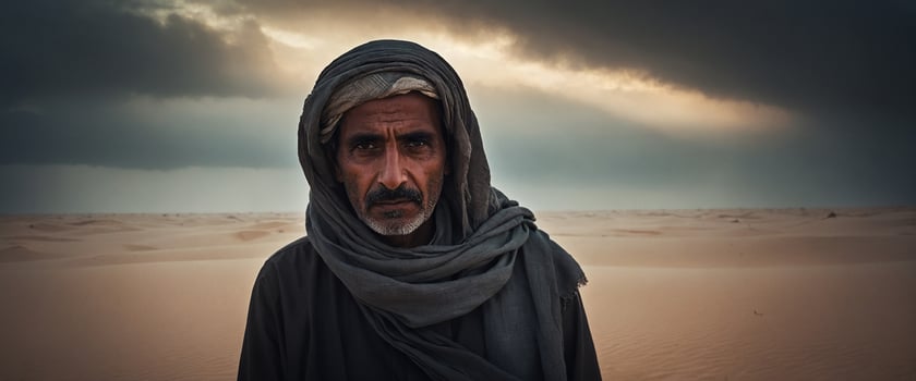 A man in a desert with a dark sky photo