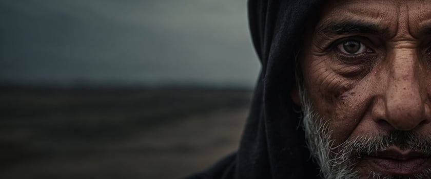 An old man with a hood on looks to the side photo