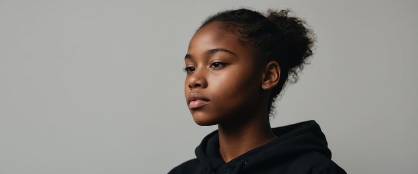A young woman in a black hoodie looking off to the side photo