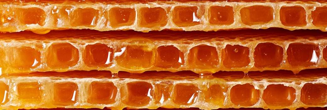 Natural raw honey cascading from a layered stack of golden honeycombs showcasing its rich texture and sweetness photo