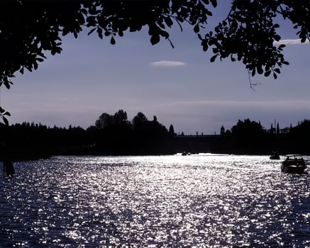 Serene Lakeside View Under a Dramatic Sky with Lush Vegetation photo