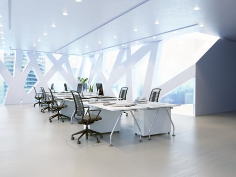 A futuristic office room with geometric window . 3d render photo
