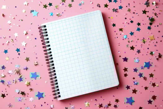 Blank notebook on pink background surrounded by colorful star confetti photo