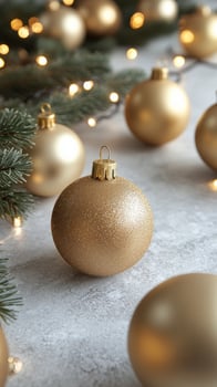 Elegant gold Christmas ornaments arranged on a table with evergreen branches and soft lighting photo