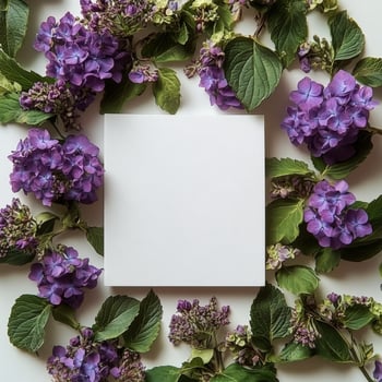 Elegant arrangement of purple flowers and blank space for creative projects on white background photo