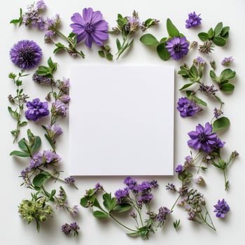 Elegant arrangement of purple flowers and blank space for creative projects on white background photo