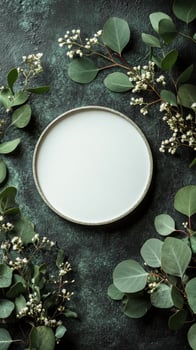 A simple round white plate surrounded by fresh greenery and delicate flowers on a textured surface photo