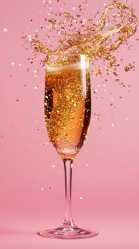 Sparkling drink spills golden glitter on a soft pink surface during a celebratory moment photo