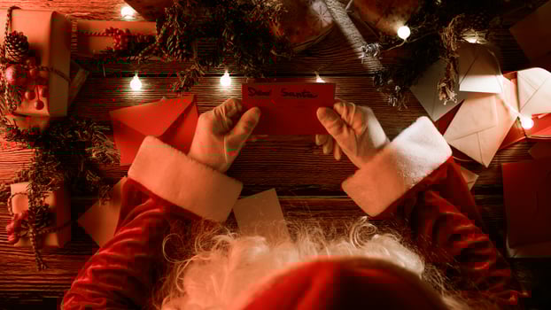 Santa Claus reading Christmas letters at his desk photo