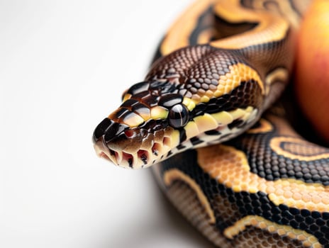 This striking specimen features a dark head and unique patterned body coiled gracefully against a bright white background showcasing its natural beauty and detail. photo