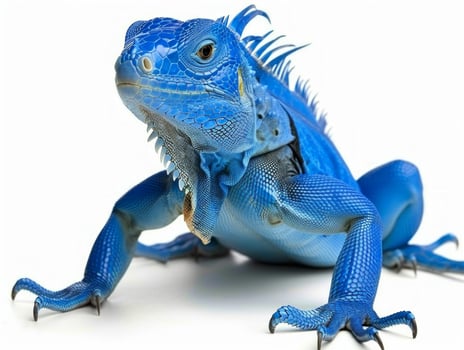 striking Blue Iguana exhibits its vivid blue scales while standing alert on a smooth white surface highlighting its unique texture and physical characteristics expertly. photo