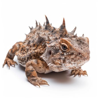 Horned Lizard sits motionless featuring its unique spiky scales and prominent horns. The macro shot emphasizes its intricate texture and colors against a clean background. photo