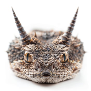Horned Viper rests still showcasing its striking features and distinctive horns in a serene setting with soft lighting captured by a macro lens. photo