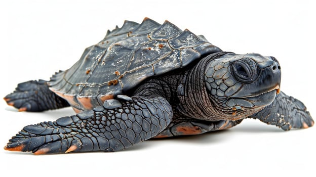 A small Leatherback hatchling makes its way across a clean white surface highlighting its distinctive shell patterns and texture under bright light. photo