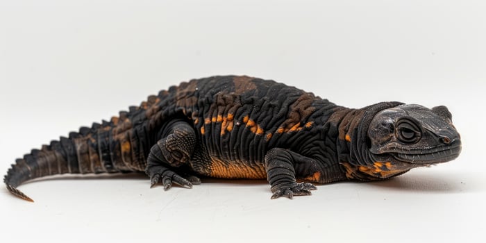 Egyptian Uromastyx rests in isolation displaying its distinctive spiky tail and earthy coloration under soft lighting. The reptile is detailed and vibrant in appearance. photo