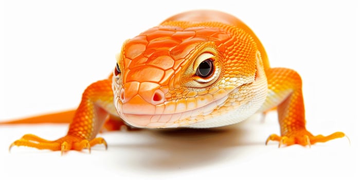 Fire Skink moves deliberately across a white surface showcasing its striking red and gold scales. The soft lighting highlights its unique colors and textures. photo