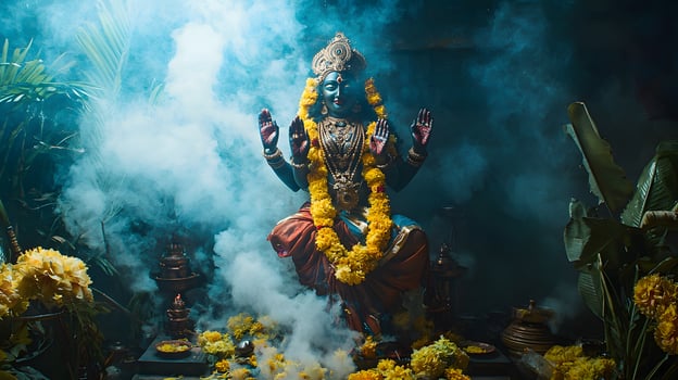 Serene Kali Puja scene with goddess Kali idol beautifully adorned in vibrant attire and garlands. Celebration of Hindu spirituality and cultural traditions photo