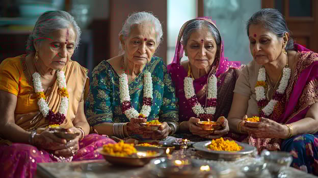 Group of female seniors in Indian ethnic wear, decorated with garlands, offering namaste during Diwali festivities. Celebrating festival of lights with cultural and spiritual significance photo