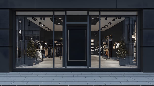Elegant clothing store with storefront mockup. Black Friday sales and holiday shopping content photo